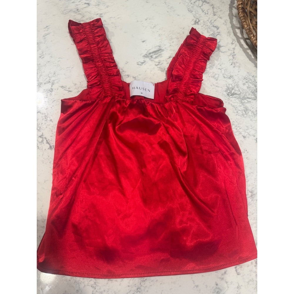 Hausen Zoey Red Satin Ruffle Strap Tank Top Womens Medium. Square Neck